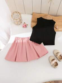 SHEIN Babygirl Elegant Cute Knitted 3D Floral Camisole & Pleated Skirt Set - Black - View 8