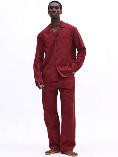 SUMWON Long Sleeve Button Down Pajama Set With Matching Elastic Waist Pants In Burgundy Micro Check Pattern Comfort Loungewear For Men