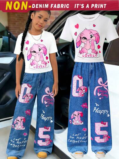 SHEIN 2 Stück/Set Mädchen Street Chic Lässig vielseitige Baddie Stil Stern Muster Applikation Passform Crop Strick T-Shirt + Jeans Optik Muster Loose Cargo Hose