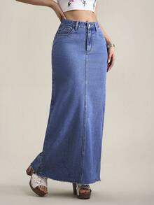 SHEIN Tall 女士带口袋直筒宽松休闲长款牛仔裙 - 藍色 - 查看 4