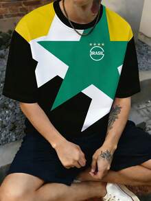 Manfinity Campus Court PAVTROS 男士T恤，男士运动街头服饰，撞色星形印花，短袖，春夏款，美学风格，狂欢节，复古，度假，我爱我的男朋友，情人节，男士队服T恤 - 彩色 - 查看 1