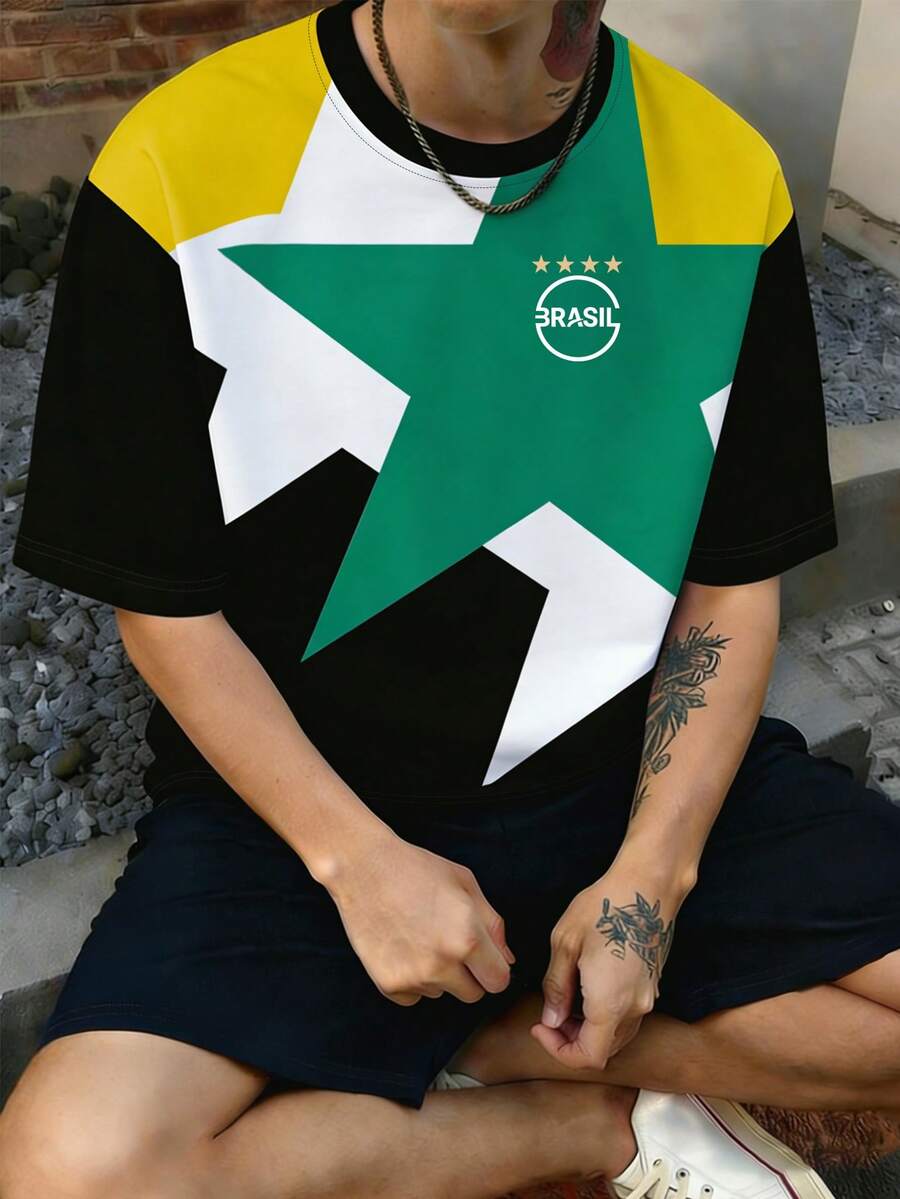 Manfinity Campus Court PAVTROS 男士T恤，男士运动街头服饰，撞色星形印花，短袖，春夏款，美学风格，狂欢节，复古，度假，我爱我的男朋友，情人节，男士队服T恤 - 彩色 - 查看 1