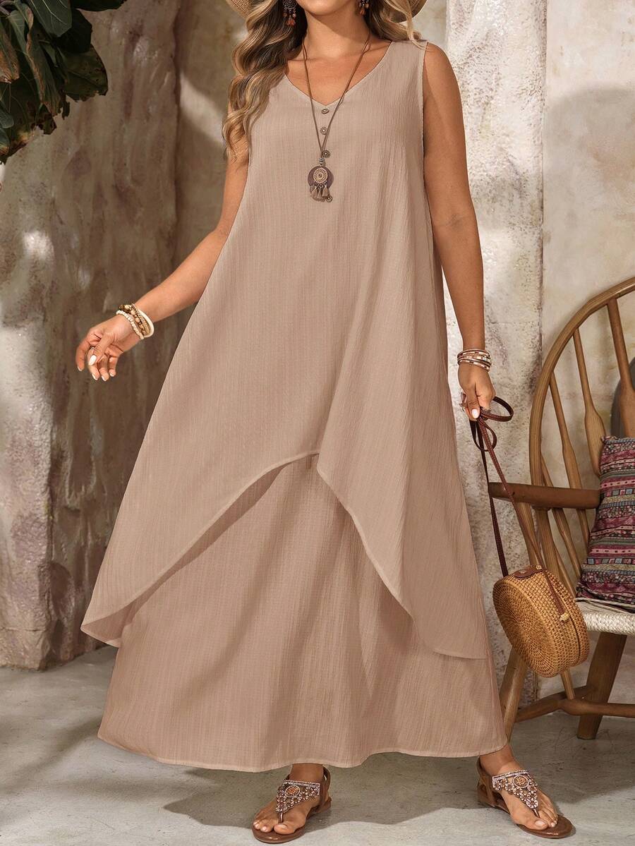 EMERY ROSE Đầm trắng không tay cổ chữ V 2 trong 1 dành cho nữ cỡ lớn, thích hợp cho kỳ nghỉ hè. - Màu Khaki - Xem 1