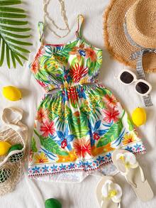 Tween Girls' Tropical Floral Print Sleeveless Jumpsuit, Loose Fit Casual Romper Suitable For Beach, Vacation, Outdoor Activities In Summer - Multicolor - View 5
