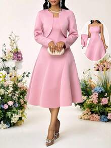 SHEIN Lady 女士粉色长袖开襟外套和吊带连衣裙，优雅外套 - 粉色 - 查看 1