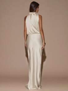 SHEIN BAE Robe élégante asymétrique sans manches crème jaune, robe de soirée minimaliste sexy pour fête, cocktail, mariage, anniversaire, robe longue en satin pour femmes