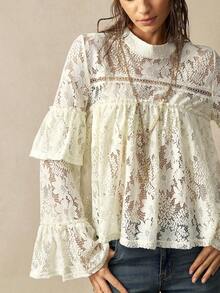 Bohemela Áo kiểu Boho màu trơn, chất liệu dệt kim, cổ tròn, tay loe, viền bèo nhún, thích hợp cho nữ, mùa đông, mùa xuân, ngày Valentine, lễ hội âm nhạc, kỳ nghỉ. - Màu be - Xem 3