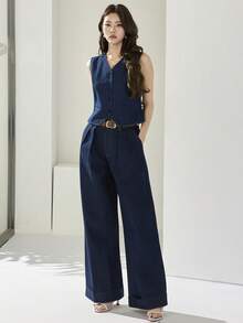 Heiryn 女士纯色V领无袖休闲牛仔上衣，夏季上衣，春假情人节女士优雅派对上衣，外出上衣，优雅女士衬衫，女士休闲衬衫，时尚女士牛仔背心无袖V领纽扣短款上衣，夏季 - 深色水洗藍 - 查看 5