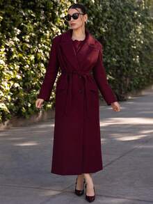 Andrea Bello Damen grauer Midikleid Gürtel Revers Mantel - Bordeaux - Übersicht 4