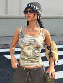 Muchica 女士迷彩方领字母印花休闲修身背心 - 綠色 - 查看 3