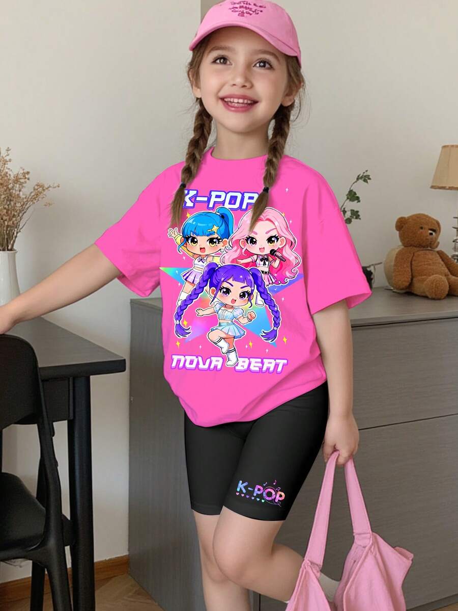 SHEIN 2件套少女休闲韩流女团字母星形印花圆领短袖T恤和短裤套装,适合节日、派对、日常穿着、演唱会等场合。 - 彩色 - 查看 1