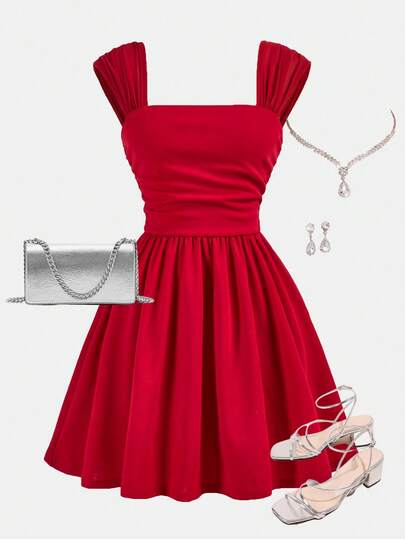SHEIN Girlism Vestido sin mangas con línea A, con busto y hombros fruncidos, elegante color rojo para adolescentes