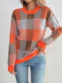 EMERY ROSE 休闲撞色格纹圆领毛衣，秋冬季 - 橘色 - 查看 3