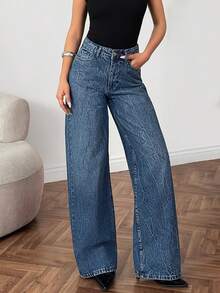 EURMUSE WOMEN WIDE LEG LOW WAIST JEANS - Medium Wash - View 4