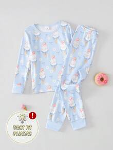 2pcs Girls Toddler Cute Ice Cream Print Crew Neck Long Sleeve Top And Leggings Soft Comfortable Pajama Set - Multicolor - View 1