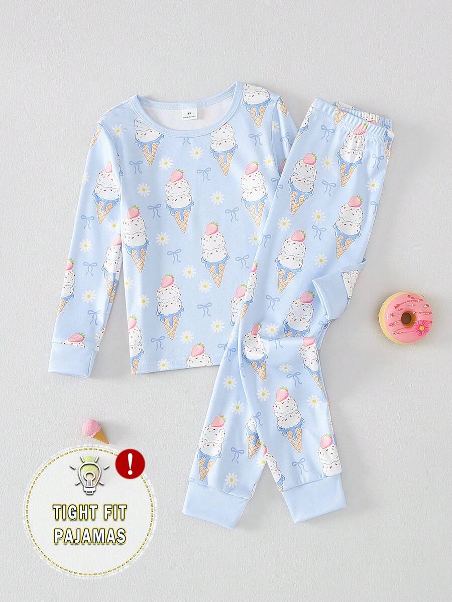 2pcs Girls Toddler Cute Ice Cream Print Crew Neck Long Sleeve Top And Leggings Soft Comfortable Pajama Set - Multicolor - View 1