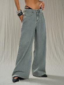 TRNVIE Fashionable Casual Street Style Retro V-Shape Low Waist Wide Leg Jeans - Light Wash - View 5