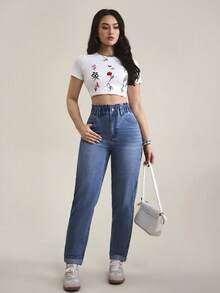 SHEIN Tall 女士高腰口袋锥形休闲百搭牛仔裤 - 藍色 - 查看 4