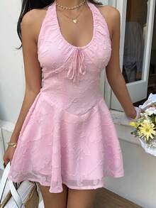 Sunnyshic Đầm ngắn dáng chữ A cổ vuông xếp ly bằng vải chiffon jacquard kiểu dáng ngọt ngào, thích hợp cho kỳ nghỉ hè, dành cho nữ, mùa xuân/hè. - Hồng - Xem 6