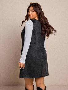 Elaquor Plus Size Women V-Neck Pocket Washed Casual Dress - Black - View 2
