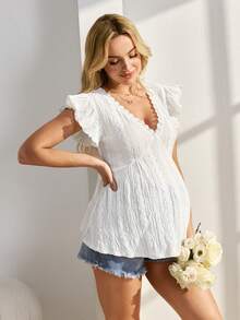 SHEIN 优雅孕妇网纱刺绣V领短袖T恤 - 白色 - 查看 1