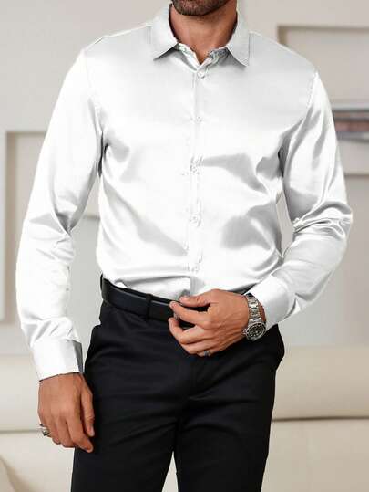 Manfinity Mode Men's Solid Color Long Sleeve Shirt, Party & Formal Wear Gold Shirt For Mensatin Shirt Men