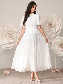 SHEIN Đầm bầu màu trơn cổ đứng tay ngắn xếp nếp thanh lịch - trắng - Xem 3
