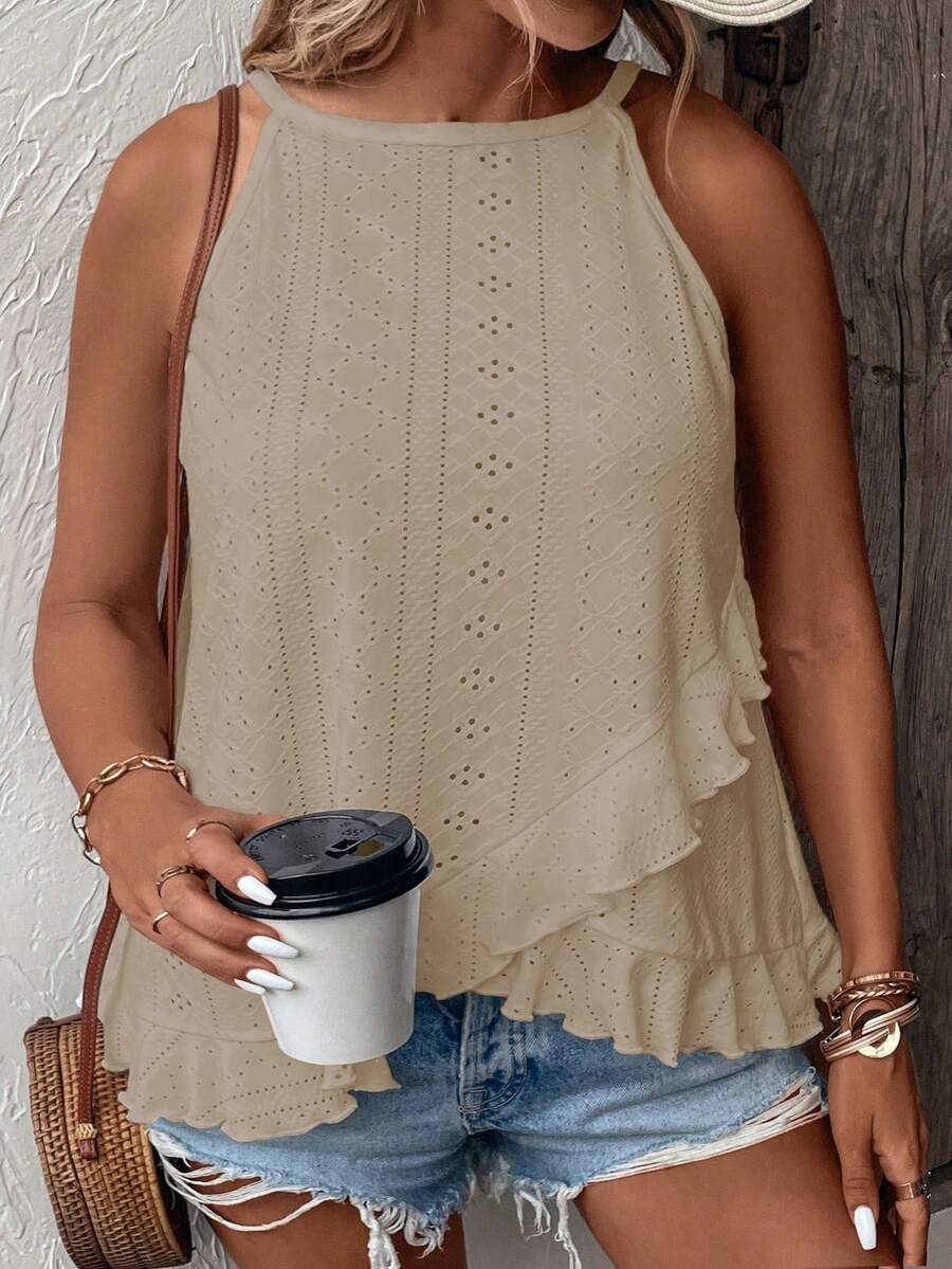 EMERY ROSE Nueva llegada Camiseta de mujer talla grande con cuello halter con volantes y versátil - Albaricoque - Ver 1