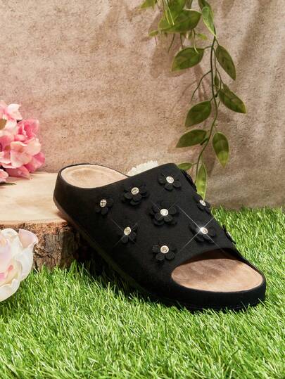 Mini mi Kinder Blumen- & Strass-Dekor Weiche Fußbett Noppen Schwarz Slide Sandalen - Süß, bequem & perfekt für den Sommer