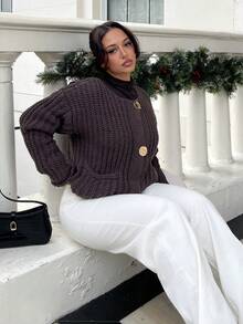 NegzBox Women's Solid Color Front Button Long Sleeve Casual Blouse,Knitted Sweater In Fall/Winter - Coffee Brown - View 6