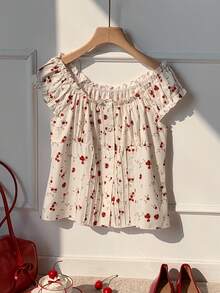 Comfortcana 女士休闲樱桃印花泡泡袖衬衫，夏季 - 杏色 - 查看 5