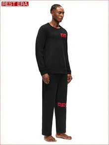 Rest Era Pajama Set, With Round Neck Long Sleeve Top Printed With Red "RFST" Text, And Black Long Pants With Red Letter Decoration, Simple Yet Style, Suitable For Casual Daily Or Home Wear - Black - View 4