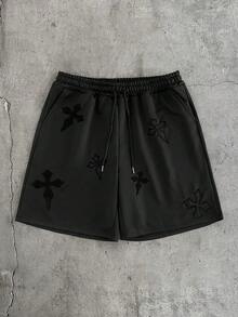 AXEPEAK 男士夏季休闲十字绣抽绳腰短裤 - 黑色 - 查看 1