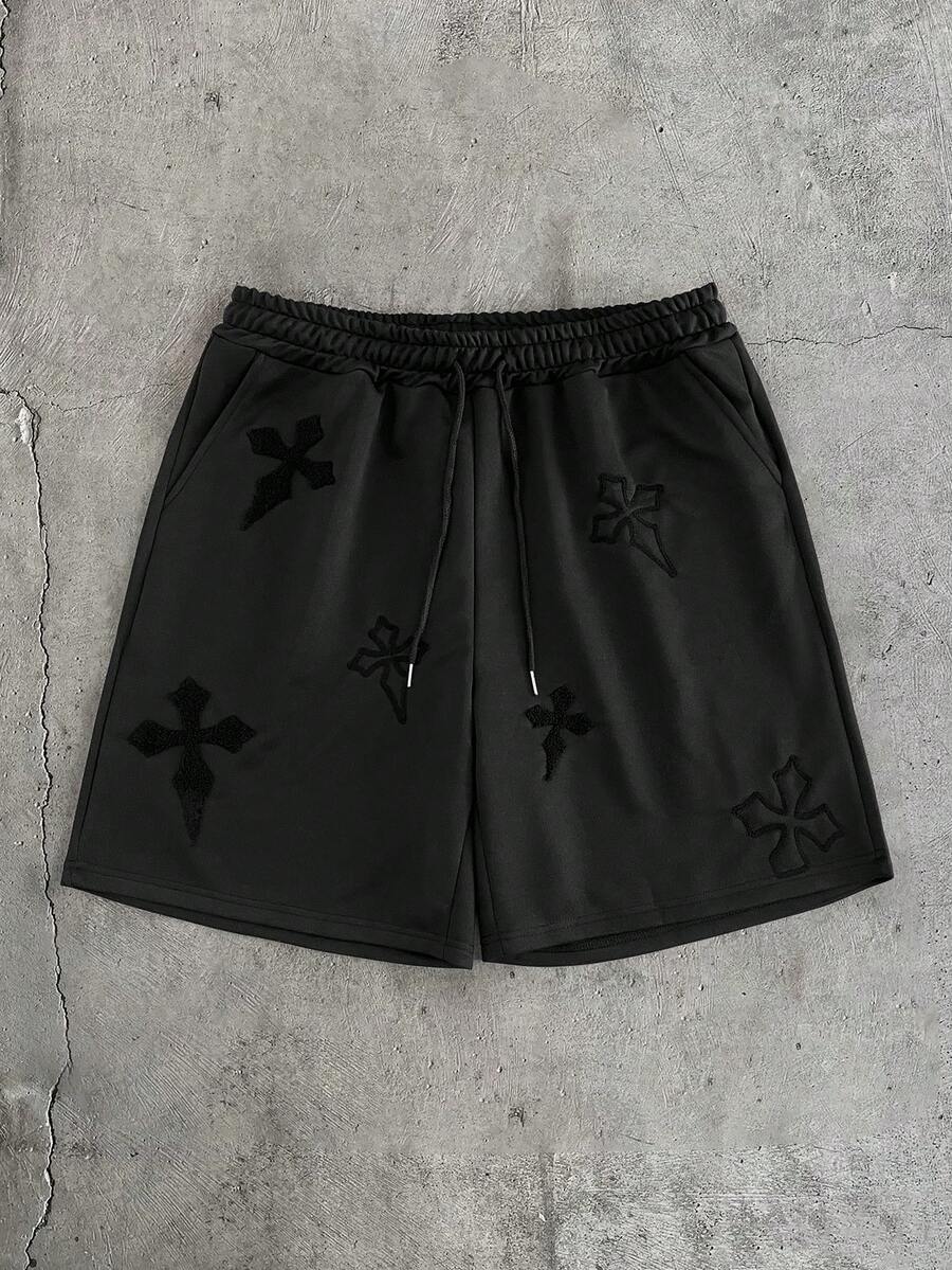 AXEPEAK 男士夏季休闲十字绣抽绳腰短裤 - 黑色 - 查看 1