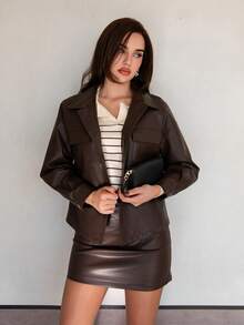Bris Aura 2pcs/Set Women Solid Color Front Button Long Sleeve Pocket Blouse And A-Line Skirt Winter Brown - Brown - View 3