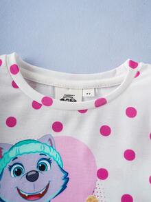 SHEIN | PAW Patrol Young Girl Cartoon Heart & Cute Puppy Print Knit Round Neck Ruffle Trim Long Sleeve T-Shirt, Pink & White Polka Dot - Baby Pink - View 6