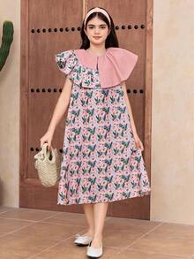 Tween Girl Loose Casual Round Neck Ruffle Asymmetrical Collar Loungewear - Pink - View 7