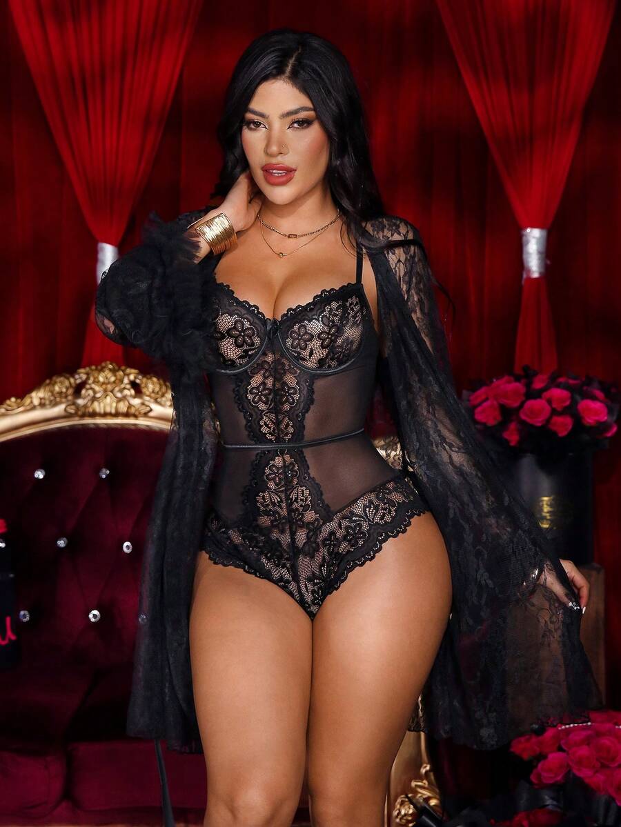 SHEIN 2pcs Set: French Black Lace Sheer Sleeve Robe + Lace Mesh Waist Cinched Bodysuit, Sexy - Black - View 1