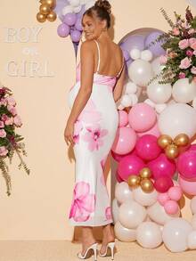 Loomaby Maternity Floral Print Draped Neck Fitted Elegant Camisole Dress Dress Gender Reveal Dress Maternity Dress Baby Shower Dress - Multicolor - View 2