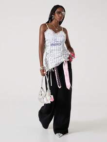 ROMWE Y2K 女士运动条纹抽绳蕾丝吊带V领迷你连衣裙 - 彩色 - 查看 5