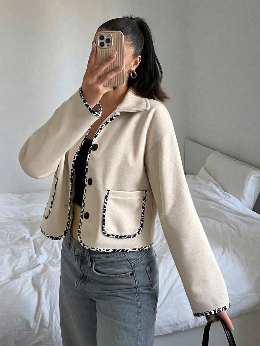 Sparklyn Teen Girl Casual Leopard Print Patchwork Cropped Jacket, Autumn