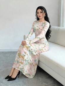 Al Najma Floral Digital Print Waist Cinched A-Line Dress, Khaki, Spring - Multicolor - View 4