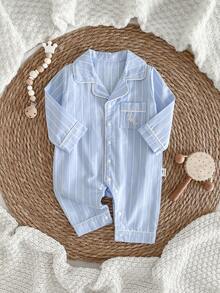 新生儿连体衣，蓝白条纹，前口袋，刺绣马图案，翻领，长袖，长裤，连体裤，爬行服，家居服 - 淺藍色 - 查看 7