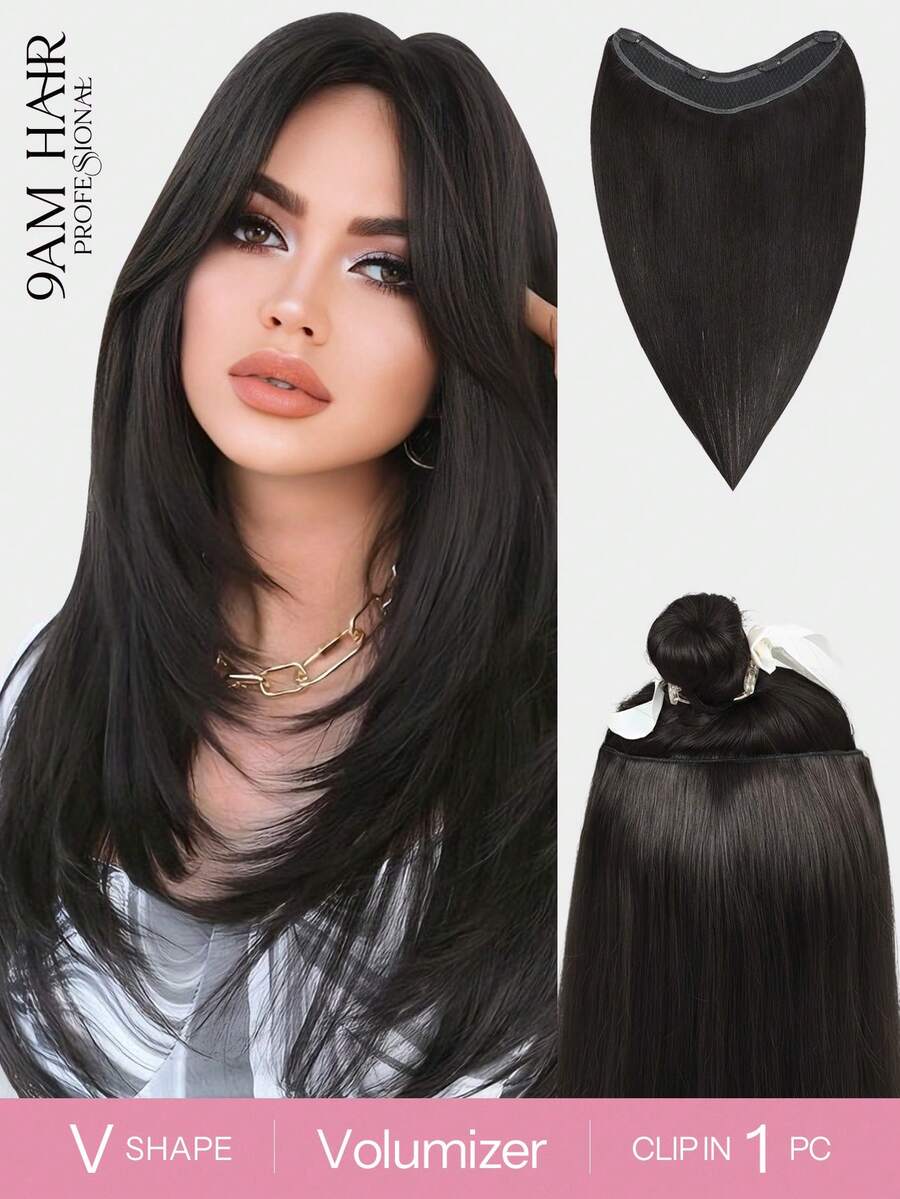 V Part Clip In Hair Extension 100% Human Hair Synthetic One Piece With 4 Clips Ins Color NC# NaturalColor Straight Real Premiun Human Hair For Women Easy To Style With Hair Curler And Straightener Invisible Suitable For Add Volume Lightweight All Day Wear - SNC - View 1
