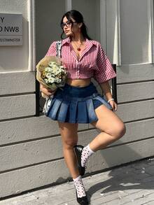 GalTyme 大码女式纽扣设计褶皱牛仔裙裤 - 藍色 - 查看 6