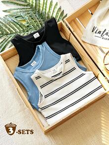 SHEIN Vintaside Kids 3件套男婴夏季休闲无袖连体衣 - 彩色 - 查看 3