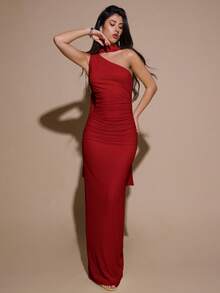 SHEIN BAE 不对称褶皱紧身网纱连衣裙，优雅性感正式礼服，适合派对、婚礼、生日、圣诞节、万圣节等场合 - 浅黄色 - 紅色 - 查看 5