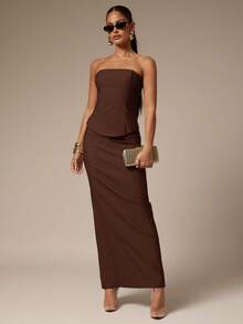 Silquee 女士优雅派对纯色上衣和裙子两件套 - 咖啡棕 - 查看 3