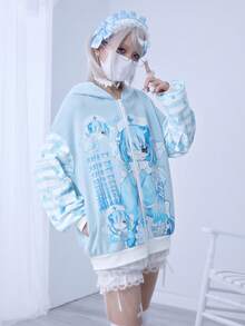 ROMWE EDITION Anime Style Blue & White Plaid Contrast Stripe Print Hooded Loose Sweatshirt Jacket - Multicolor - View 7