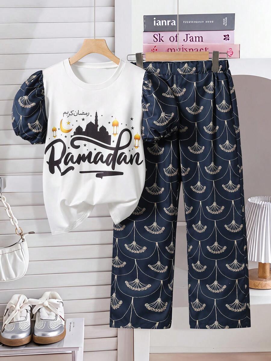 SHEIN 2pcs Teenage Girls Cute White Printed T-Shirt And Pants Set,Soft Comfortable Fabric For Summer,Family Matching,Short Sleeve Oversized Outfits Outings - Black - View 1